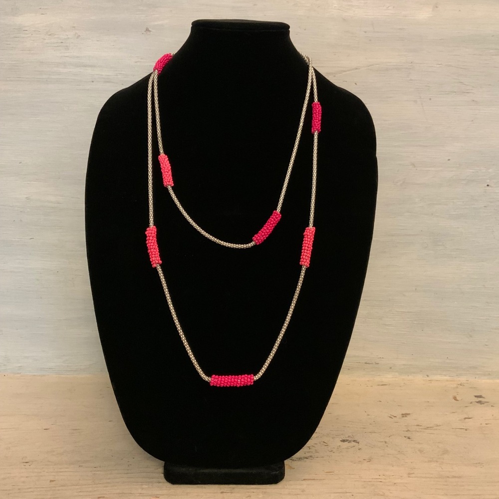 Catherines Layered Hot Pink Seed Beaded Metallic Chain Strand Necklace 58" New